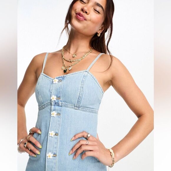 ASOS Urban Revivo Denim Cami Mini Dress with Daisy Buttons in Blue - Picture 3 of 10